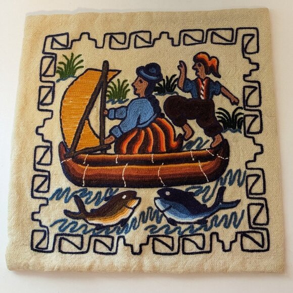 Vintage Embroidered Pillow Case Wool Boat Fish Motif Throw Boho Ecuador - Picture 2 of 4